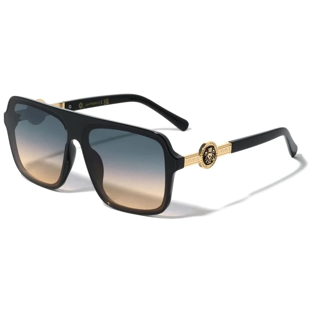 Mens Oversized Square Flat Top Sunglasses Black Gold Lion Head Gradient Green‎